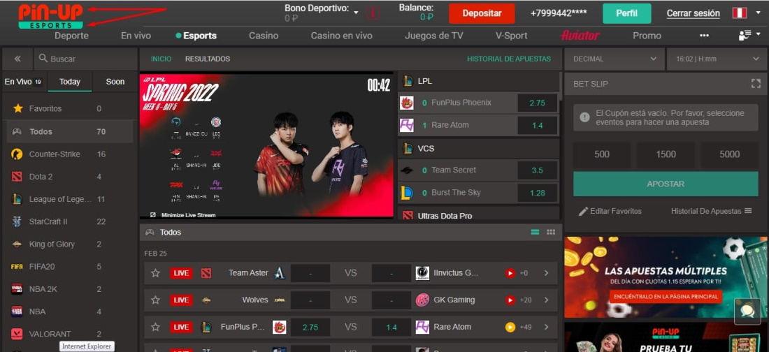 Sección de apuestas deportivas Pinup Apuestas deportivas Pinup